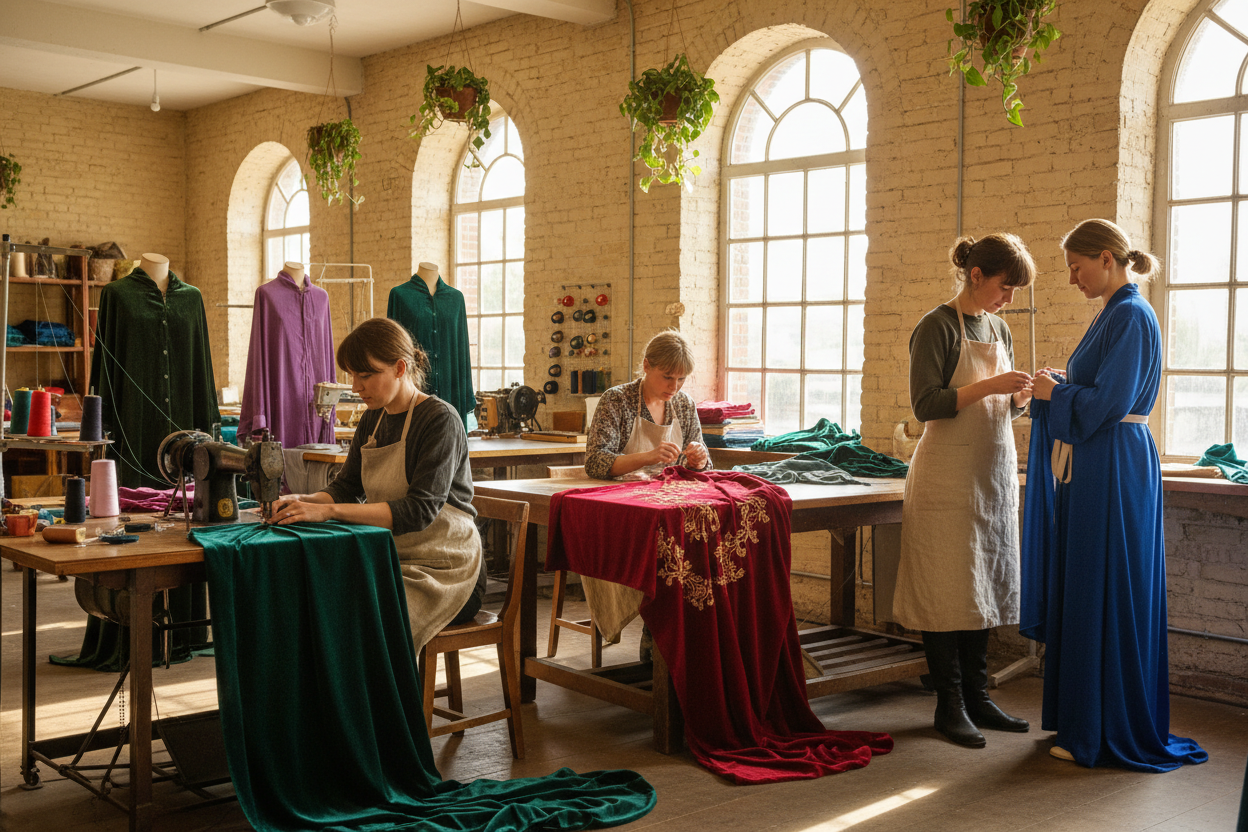 Women sewing handmade silk velvet clothing